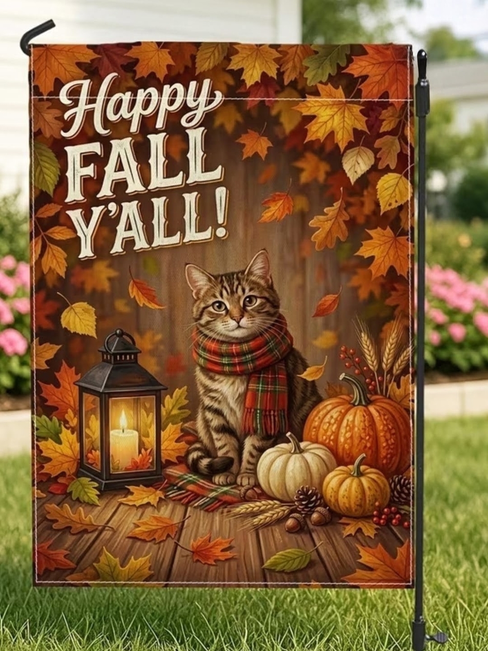 Happy Fall Y'All! Autumn Cat Garden Flag - Orange & Brown